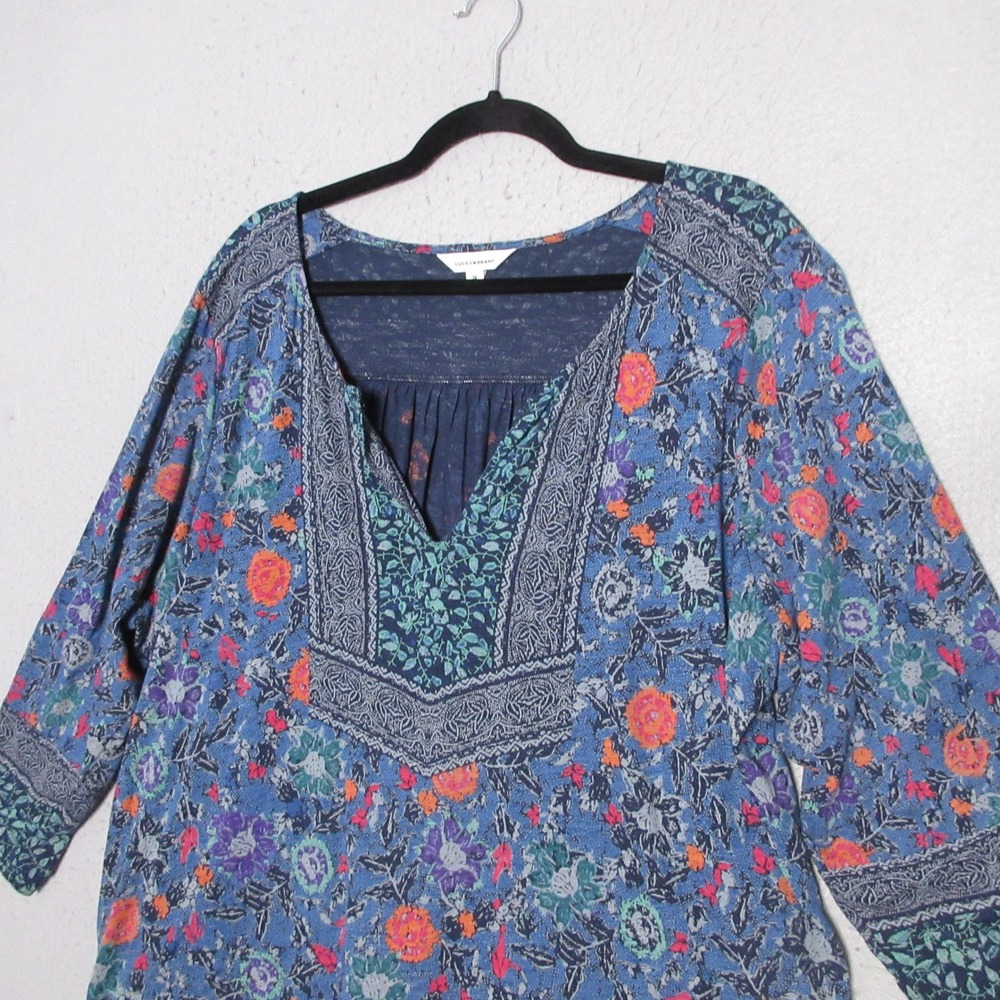 Lucky Brand Top Plus 3X Blue Floral Mixed Print Boho V-Neck 3/4 Sleeve Mix Print - Picture 2 of 10